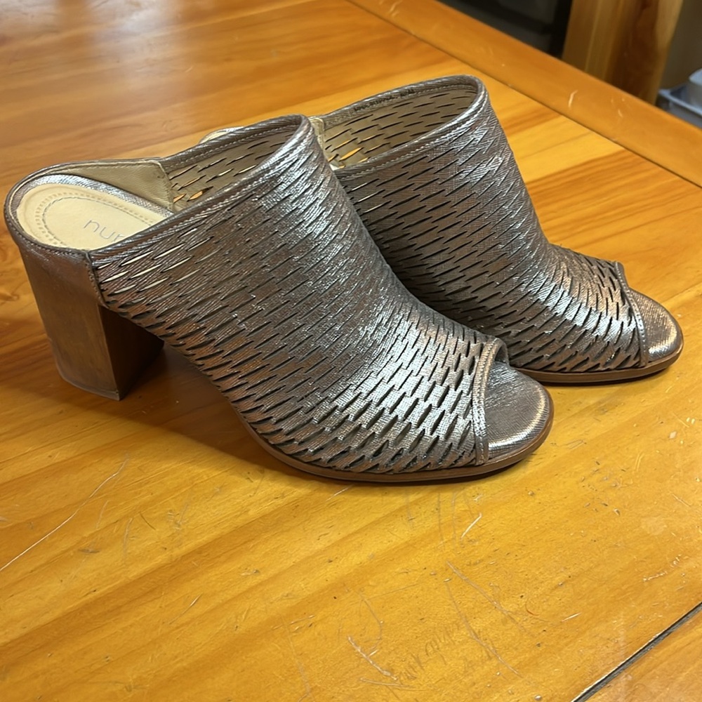 Tory Burch metallic warm gray Leather Gigi Block Heel mule Sandals Size 8.5